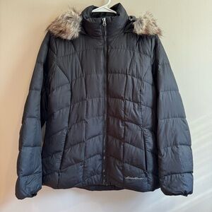 Eddie Bauer Black Puffer Jacket with Faux Fur Trim